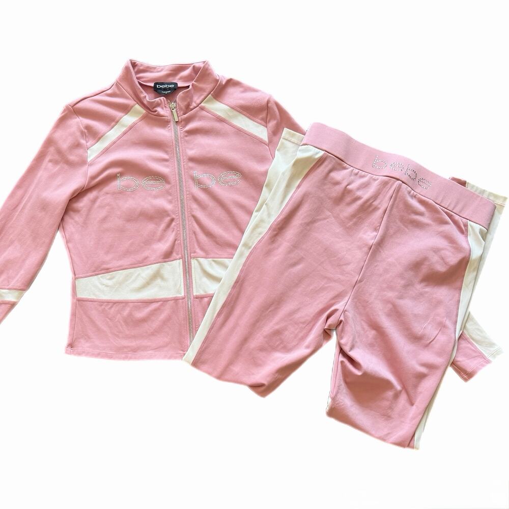 Bebe Rhinestone Logo Tracksuit Set Pink White Jacket & Leggings Medium EUC